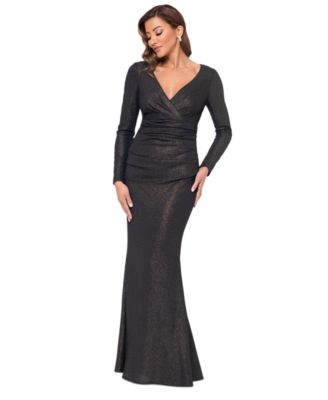 XSCAPE - Women's Ruched Foil-Knit Long-Sleeve Gown