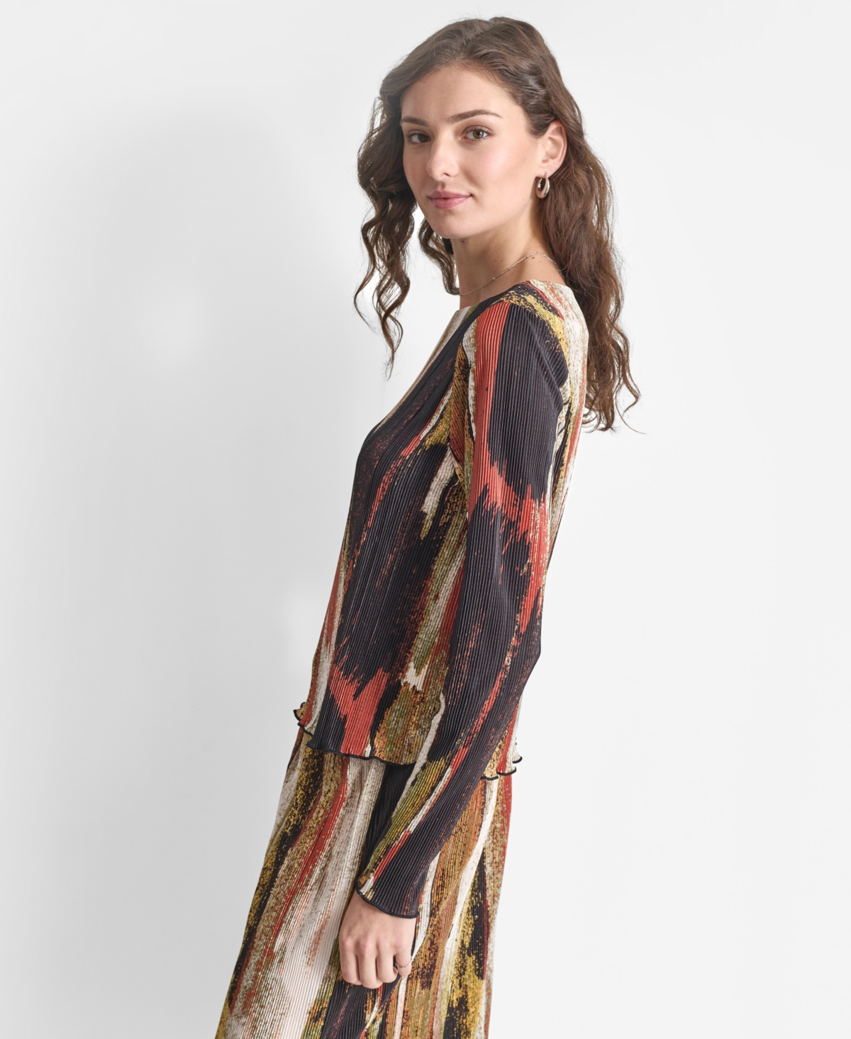 Dkny Women's Printed Crewneck Long-Sleeve Plisse Top