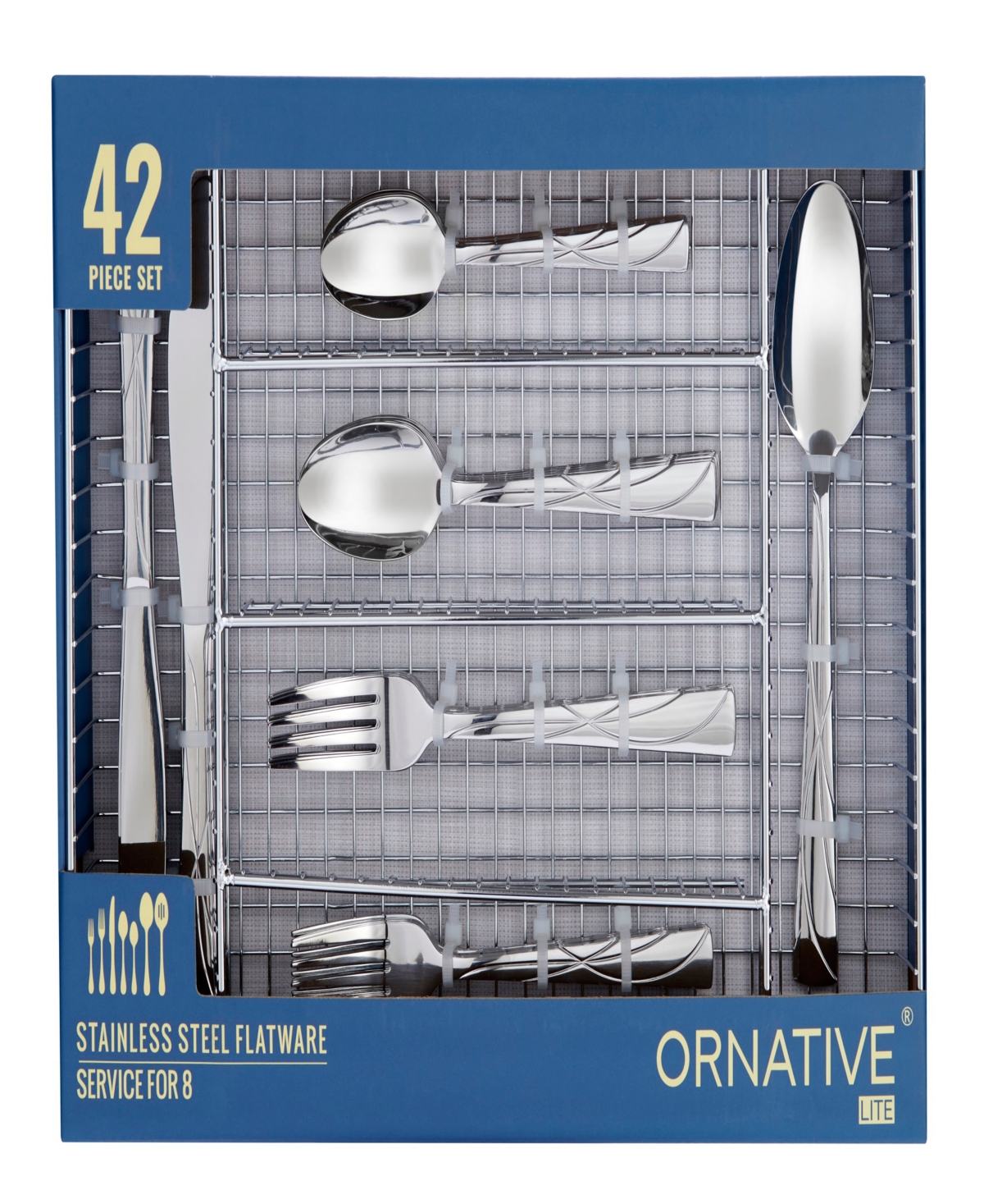 Ornative Jara Mirror Service For 8 42 Piece Flatware Set With Wire Caddy In Silver