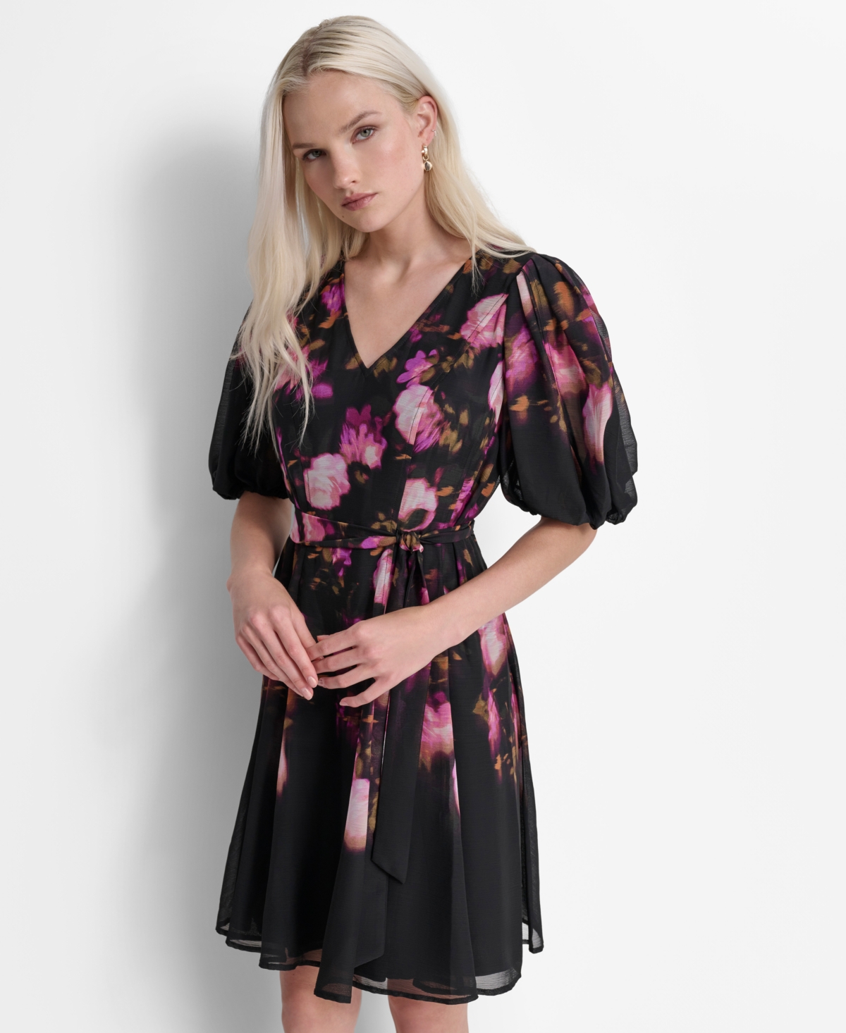 Dkny Women's Floral Tie-Waist Balloon-Sleeve Dress