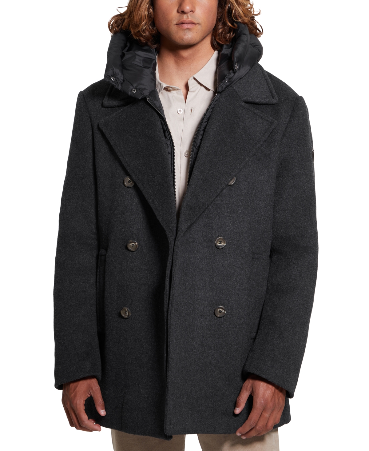 GUESS MEN'S PEACOAT WITH REMOVABLE NYLON HOODED INSET 