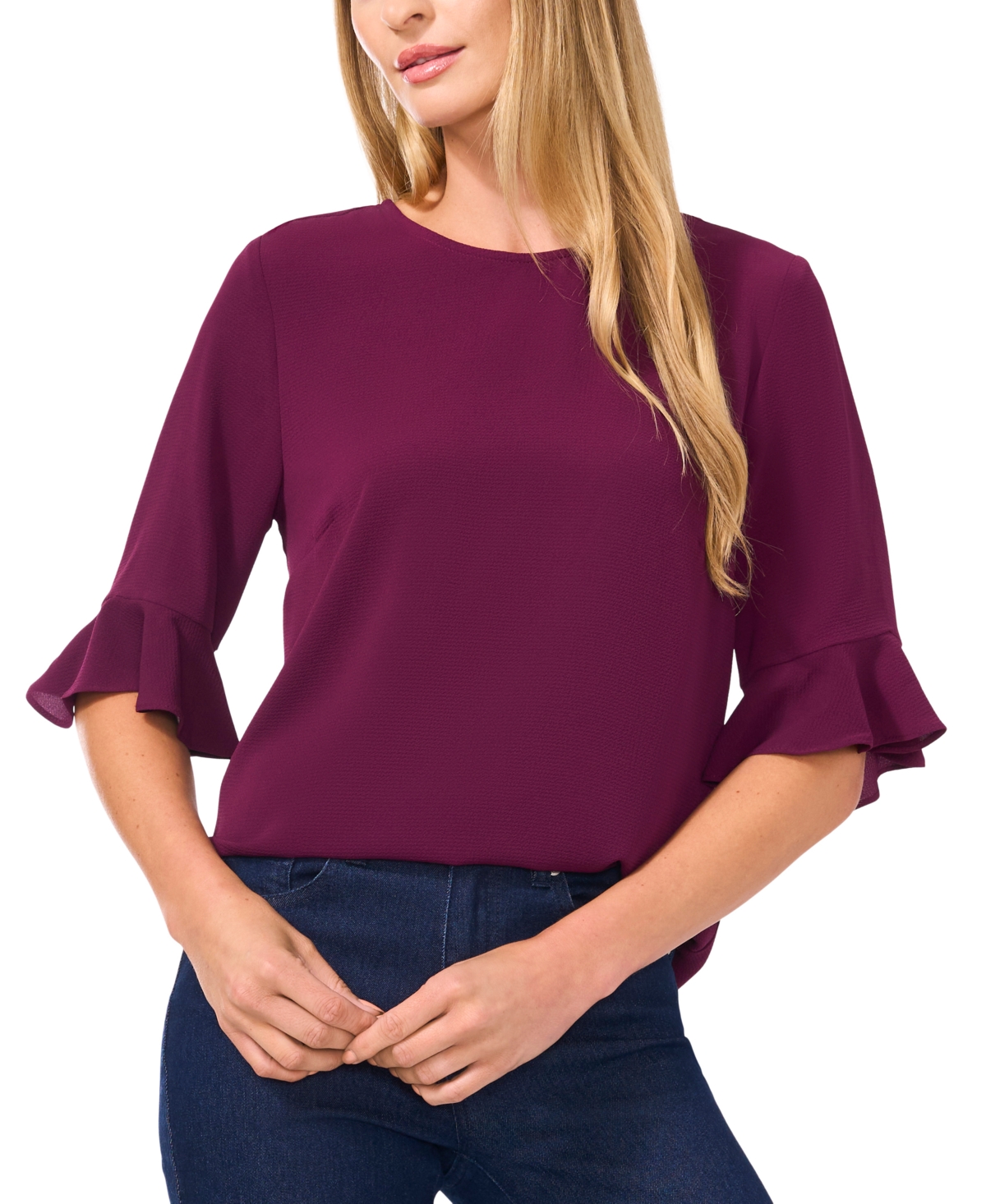 Cece Women's Ruffled-cuff 3/4-sleeve Crew Neck Blouse In Burgundy