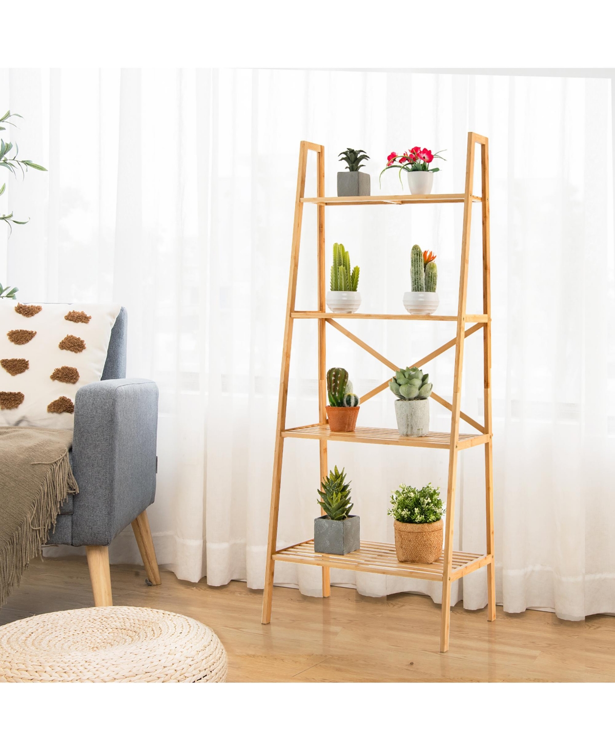 Gymax 2PCS 4-Tier Bamboo Ladder Bookshelf 58'' Display Shelf Storage Rack Plant Stand