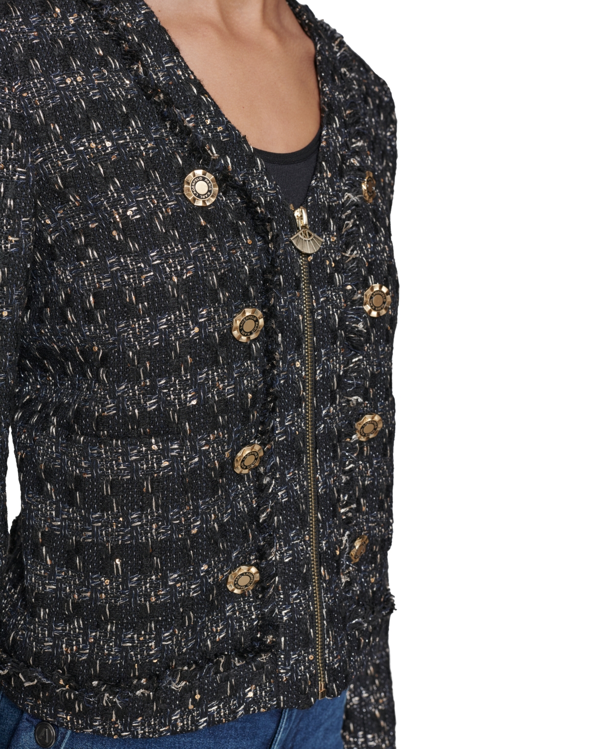 Karl Lagerfeld Paris Women's Tweed Jacket - Black  Gold