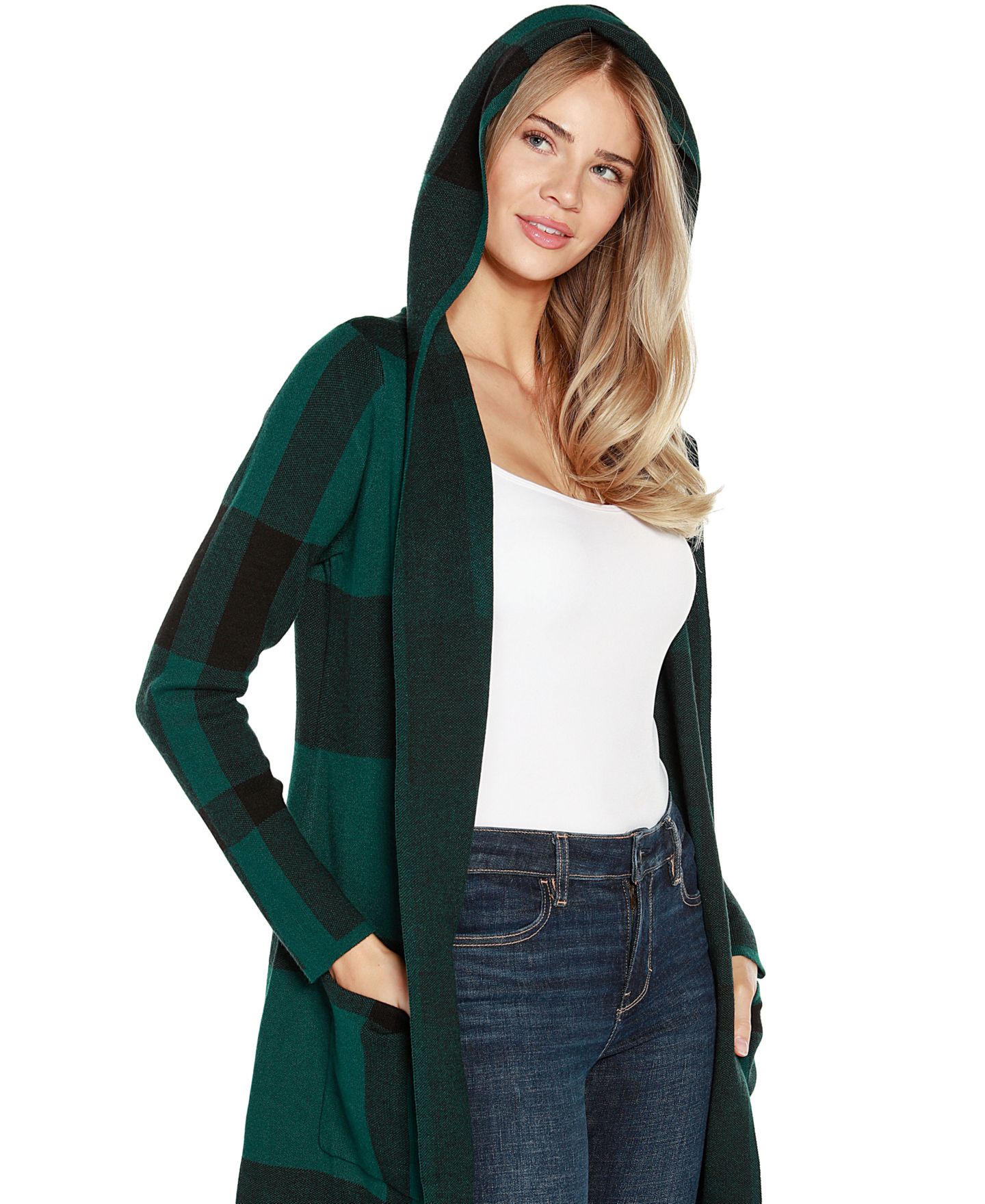 Женский свитер Belldini Hooded Plaid Coatigan, цвет: Изумрудный / Чёрный — фото 3
