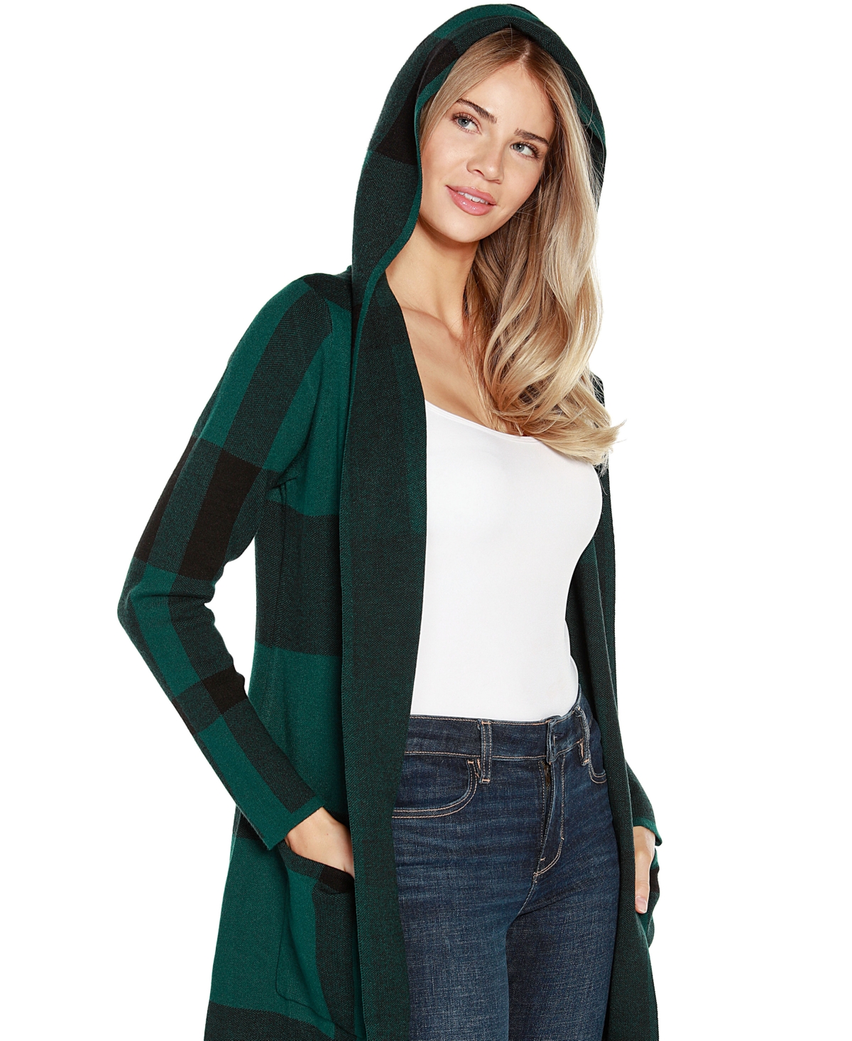 Belldini Women's Hooded Plaid Coatigan Sweater