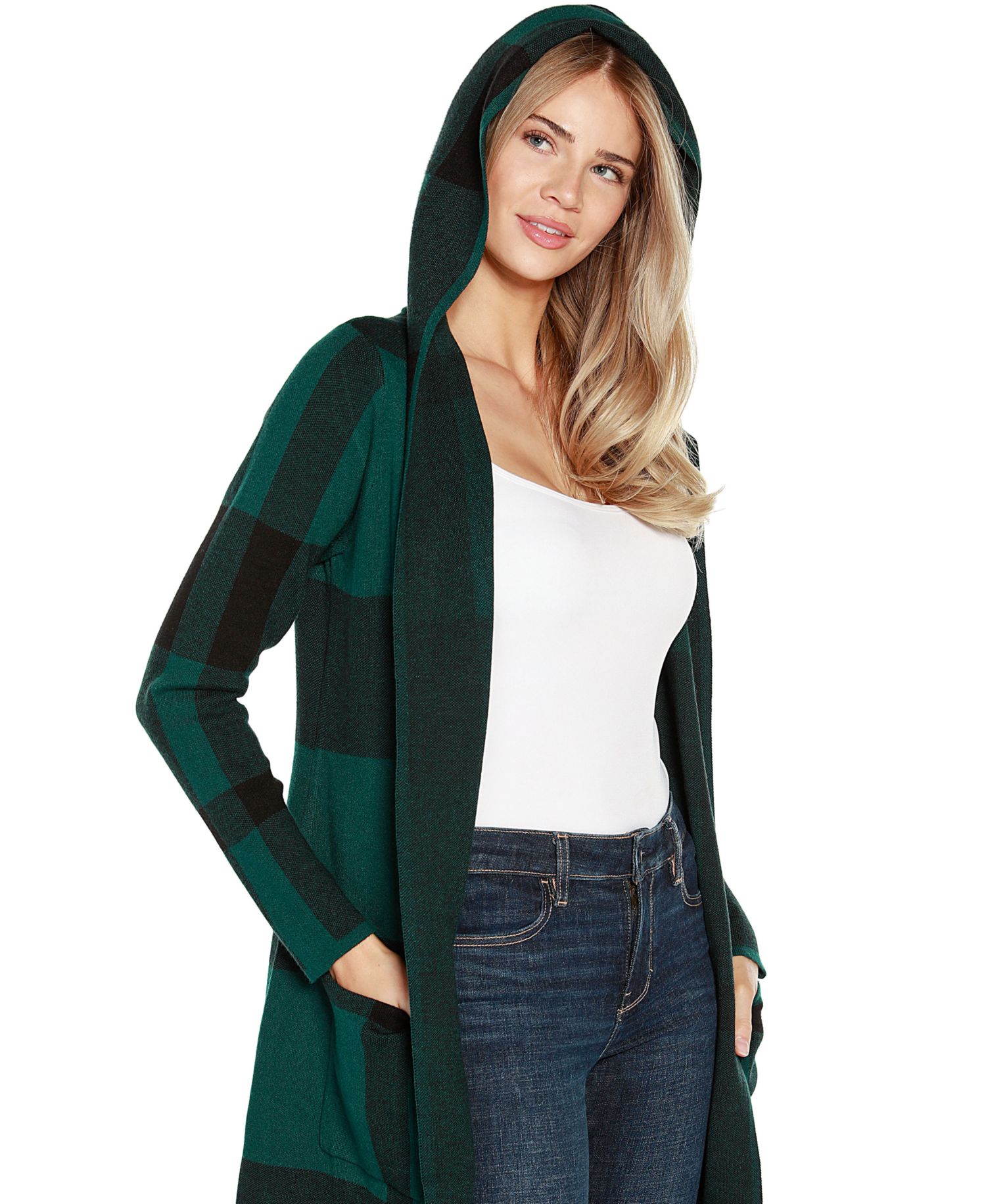 Women's Hooded Plaid Coatigan Sweater
