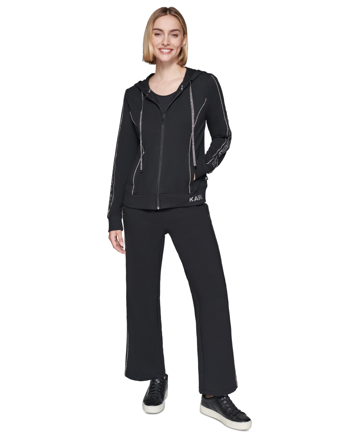 Karl Lagerfeld Paris Women's Petite Embellished Logo Zip Up Hoodie