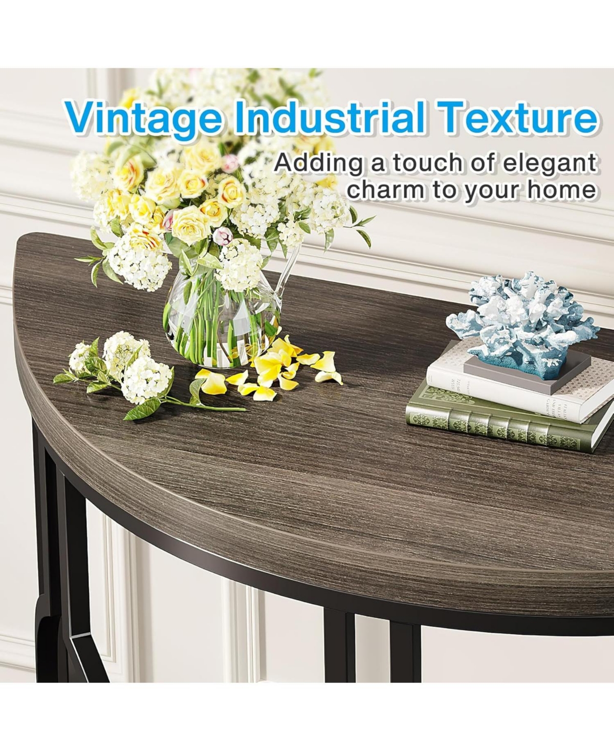 Tribesigns Half Moon Console Table for Entryway, 43 Inch Industrial Semi Circle Sofa with Geometric Base, Wood Accent Living Room, Hal