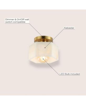 Tessa 8" 1-Light Modern Contemporary Alabaster/Iron Hexagonal LED Semi Flush Mount, White Marbling/Brass Gold
