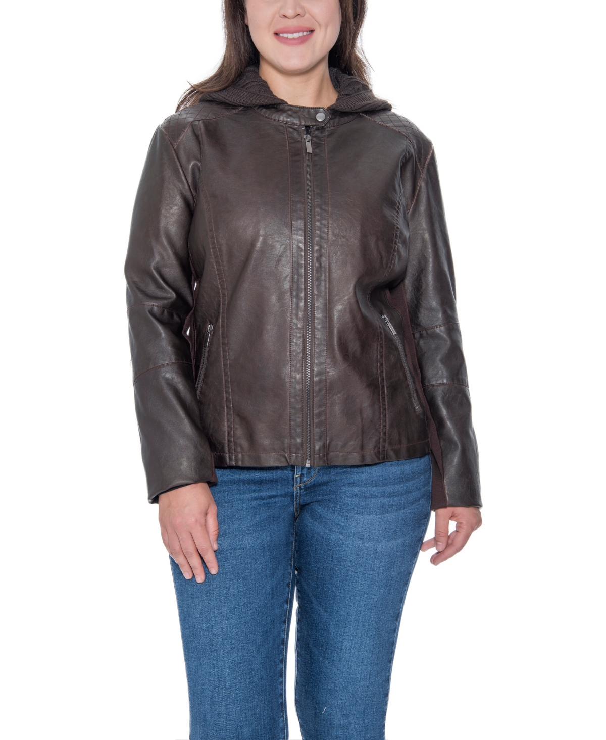 Plus Size Garment Dyed Faux Leather Zip Front Jacket With Detachable Sweater Knit Hood - Brown