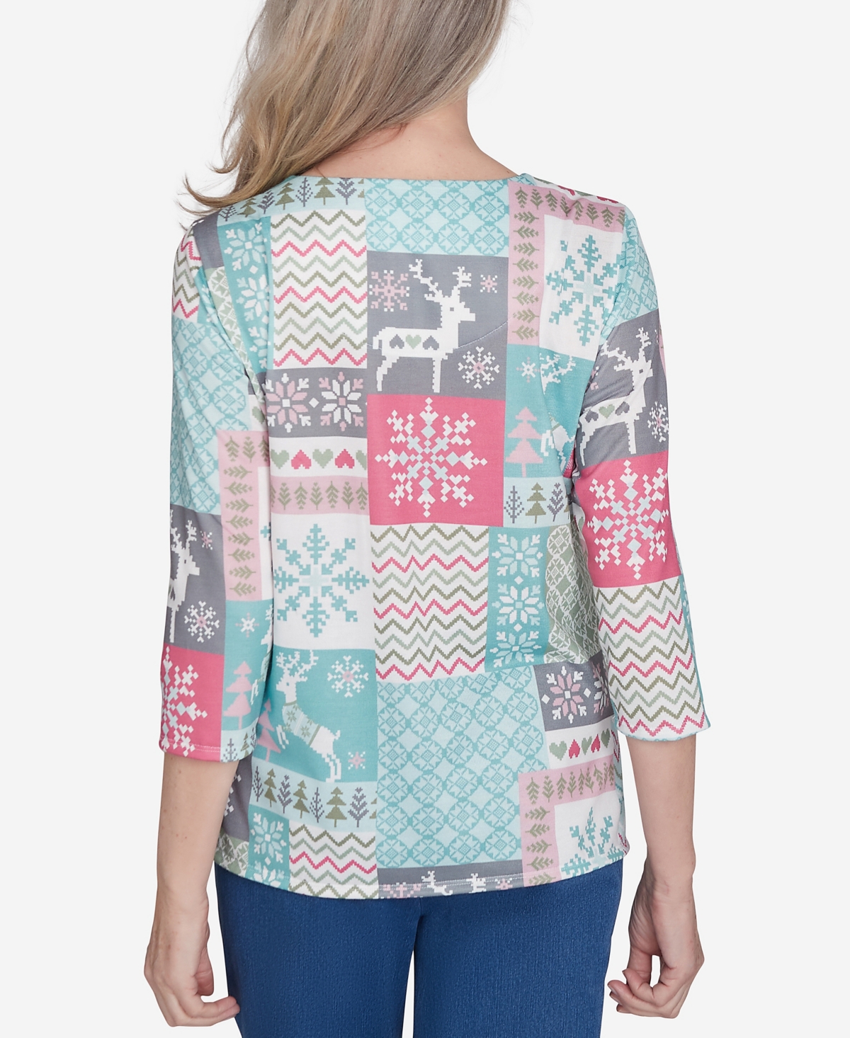 Alfred Dunner Petite Classics Reindeer Patch Work Top In Multi Green