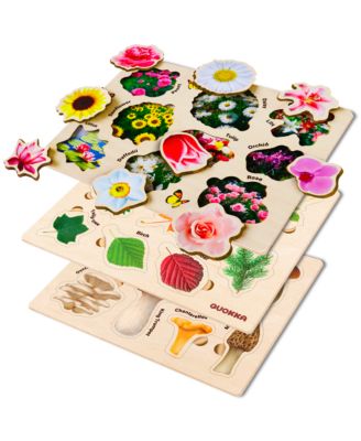 3X Set Montessori Wooden Puzzles for Toddlers 2-4 – Mushrooms Flowers Leaves