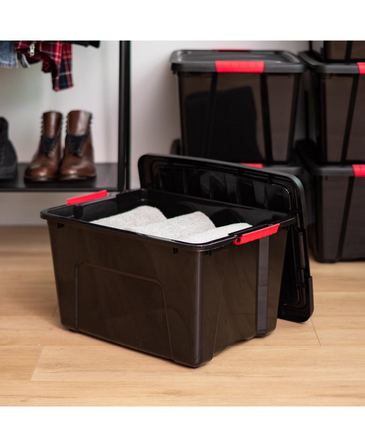 Iris 4 Pack 40qt Plastic Storage Bin with Lid and Secure Latching Buckles,- Black