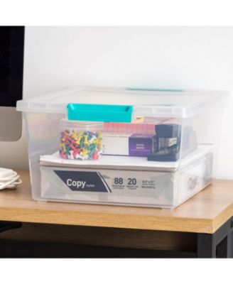 12 Qt. Large Deep Clip Box, 4 Pack, Clear Plastic Storage Container Bins with Latching Lids, Organizer Solution for Home, Office and Classroom, Stackable Nestable, Seafoam Blue Buckles