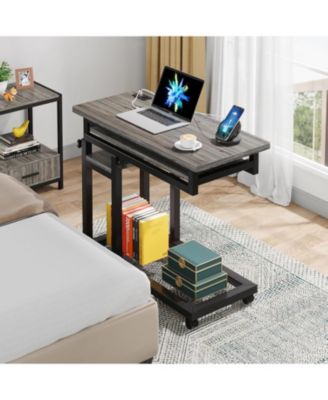 Small Portable Desk with Power Outlet, Height Adjustable Laptop Table with Wheels, Mobile Standing Computer Cart