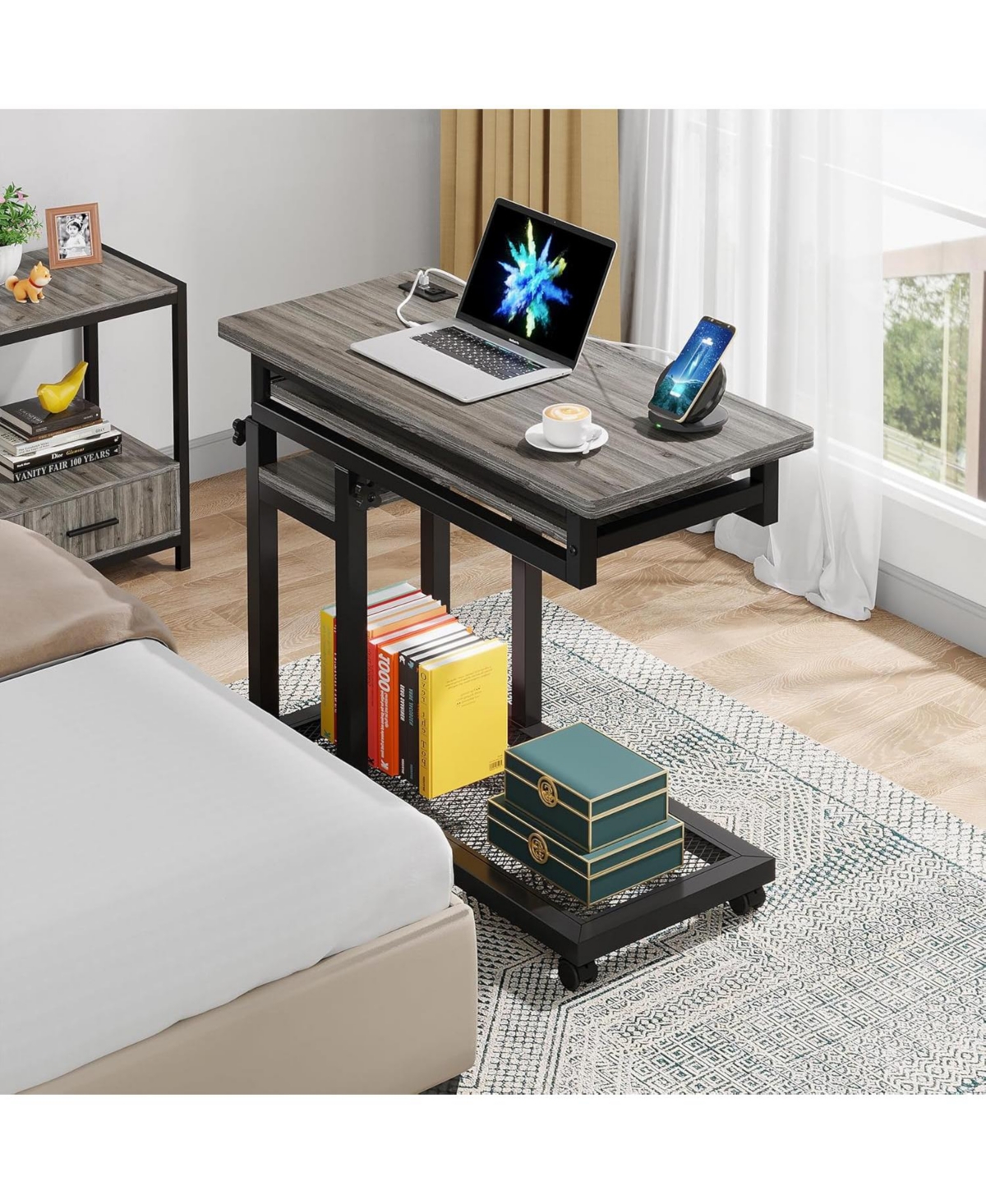 Tribesigns Portable Desk with Power Outlet, Height Adjustable Sofa Couch Bedside Laptop Table with Wheels, Mobile Standing Desk Rolling Computer