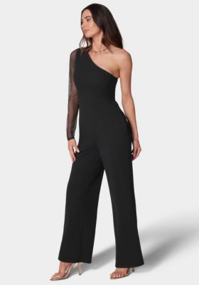 Women's Long Sleeve Mesh One Shoulder Jumpsuit