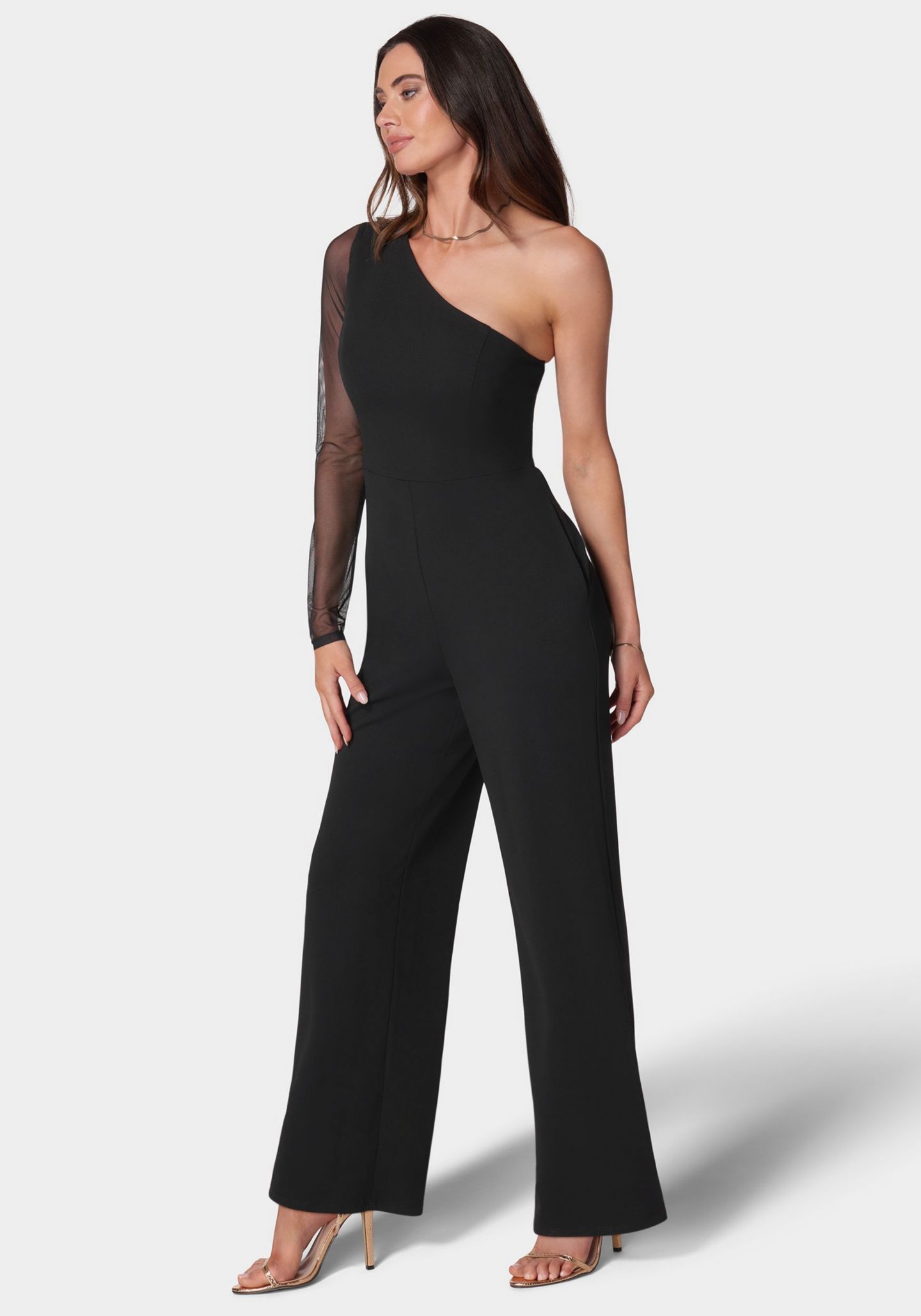 Женский комбинезон Bebe Long Sleeve Mesh One Shoulder Jumpsuit, цвет: Чёрный — фото 2