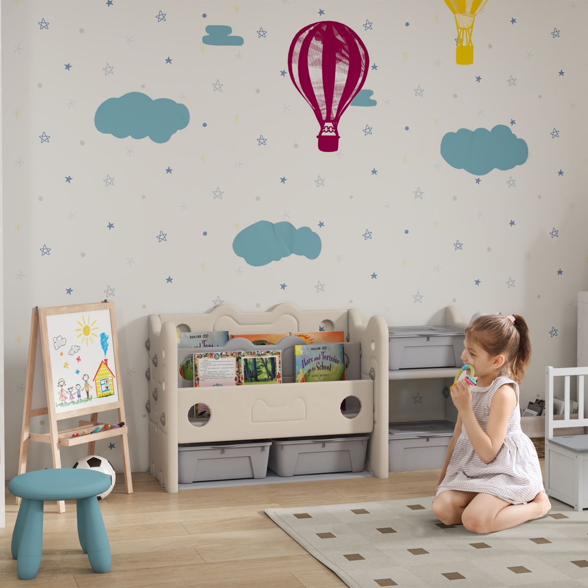 Qaba Kids Toy Storage with 4 Storage Boxes, Bookshelves,- Cream white