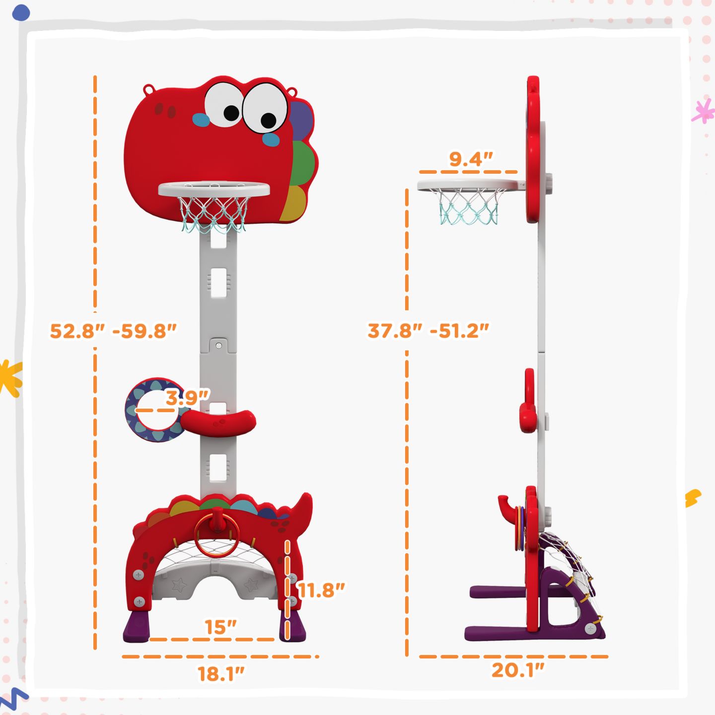 Детская игрушка Qaba Dinosaur-Themed 5-in-1 Kids Basketball Hoop, Height-Adjustable 4.4-5 ft, Ages 3-6 — фото 2
