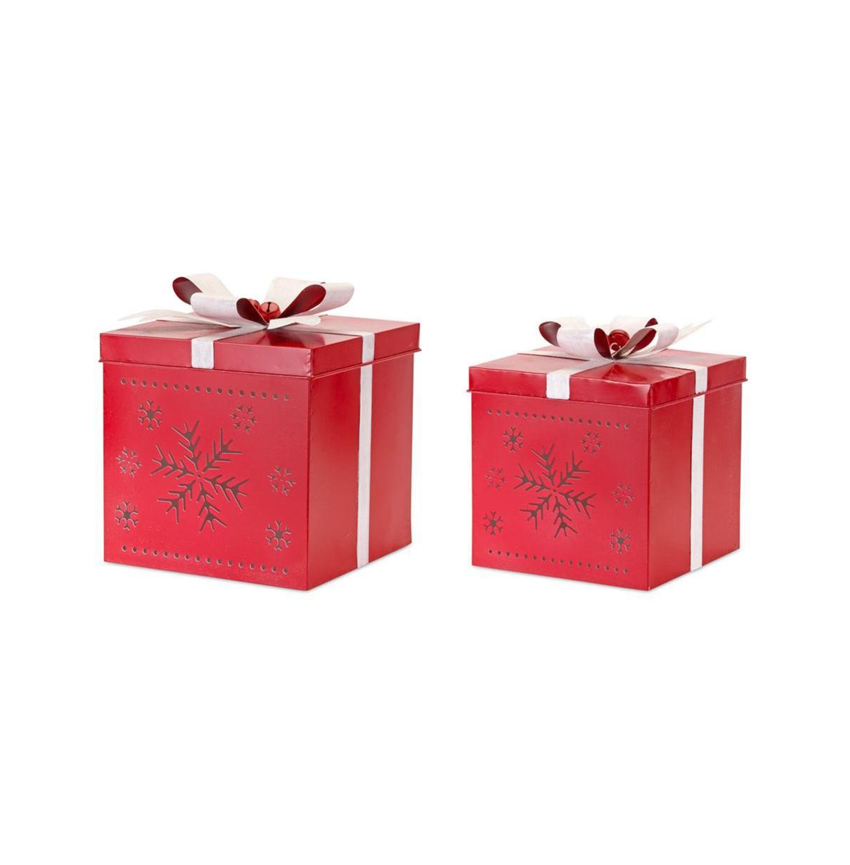 Metal Present Decor With Nordic Snowflake Cut Out (Set of 2) - Red, White