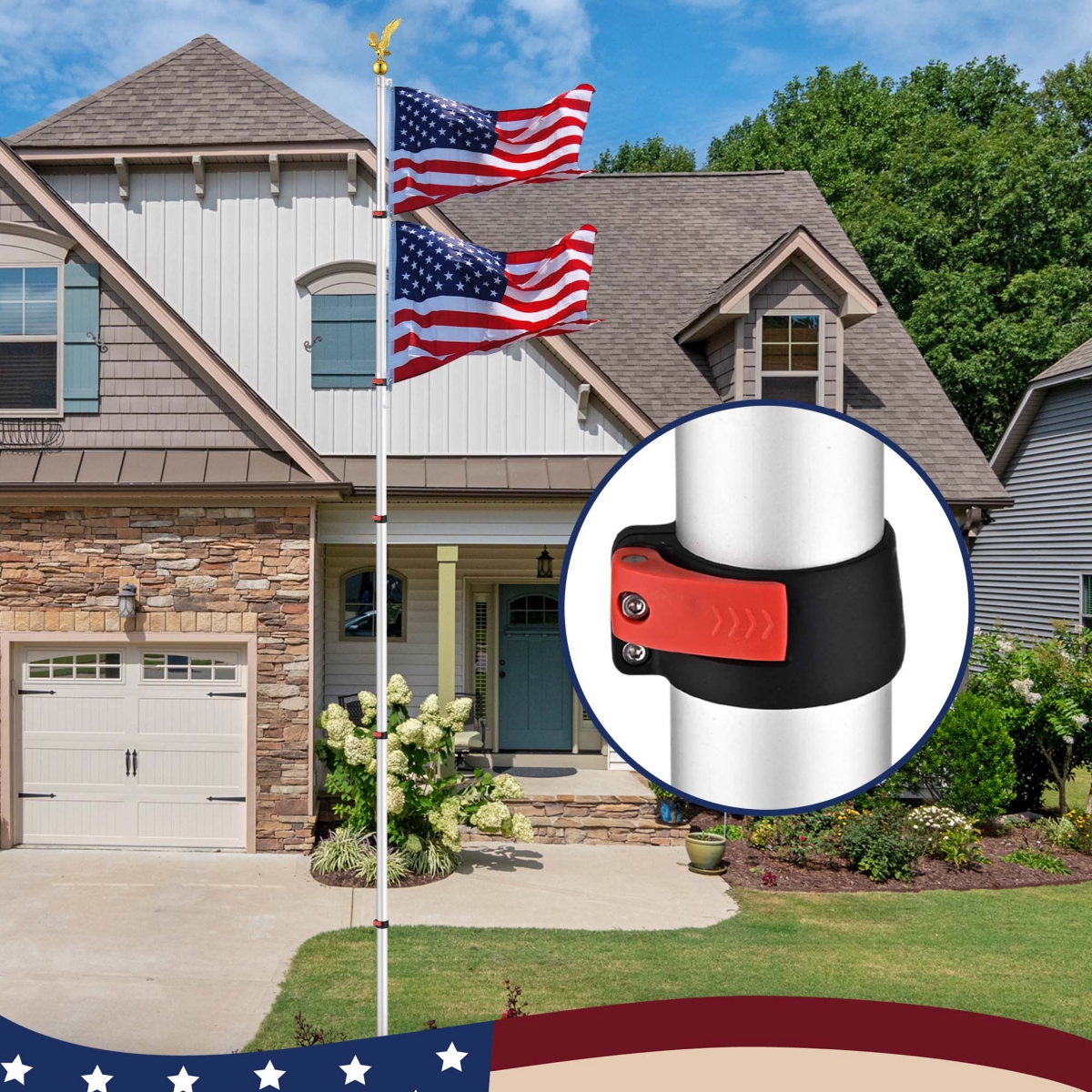 Yescom Ez Go 20ft Eagle Topper Telescopic Flag Pole Kit Upgraded Rotating Lock Outside 3x5' Us Flag Ball Final Silver - Sliver+gold