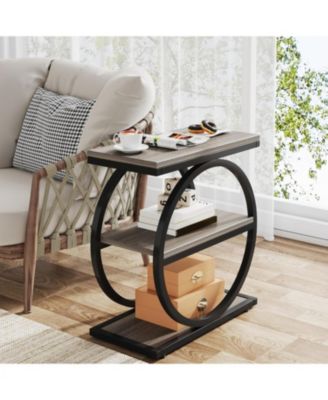 Narrow End Table with 3 Storage Shelves, Wood Side Table with Black Metal Frames, Industrial Sofa Side Table, Nightstand and Bedside Table