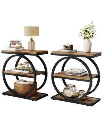 End Table Set of 2, Narrow End Table with 3 Storage Shelves, Wooden Nightstand with Metal Frame, Small Sofa Side Table