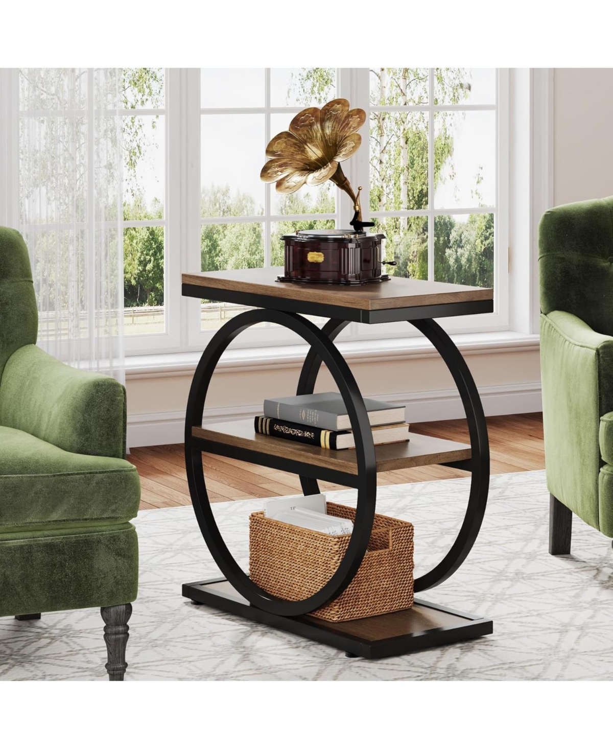Tribesigns End Table Set of 2, Narrow End Table with 3 Storage Shelves, Wooden Side Table with Metal Frame, Sofa Side Table for Living Room,Nigh