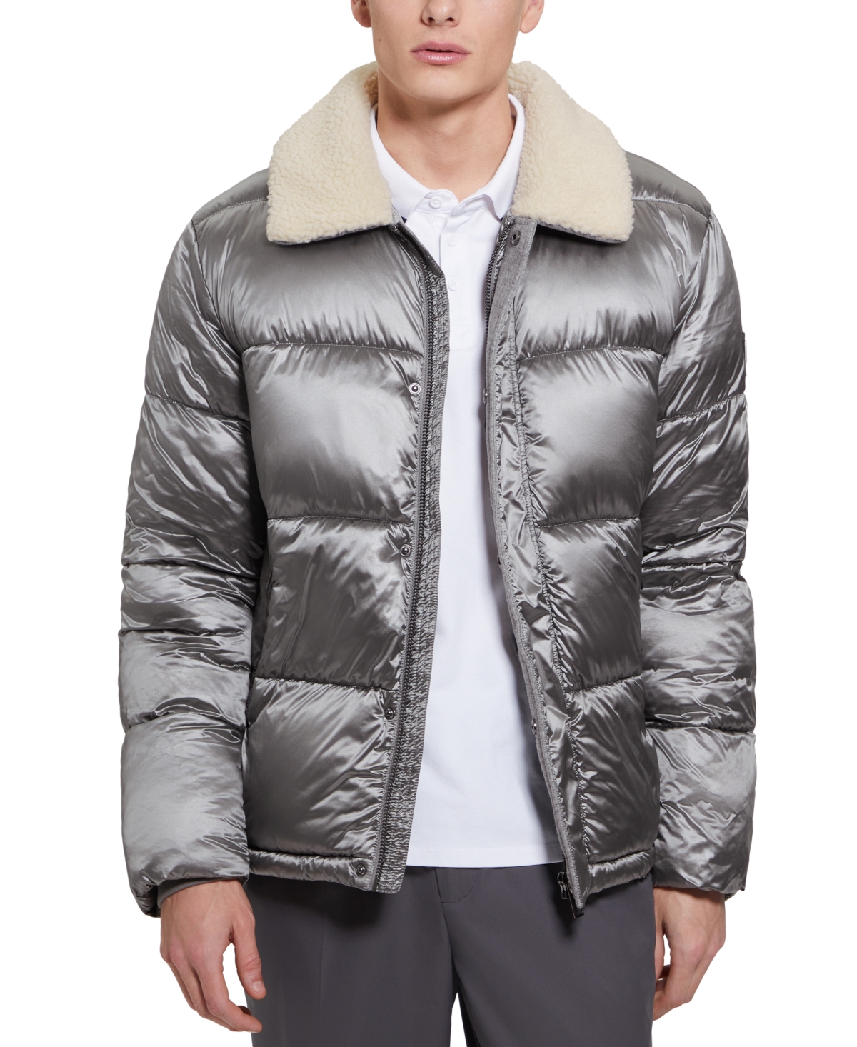 Men's Puffer Jacket with Sherpa Collar - Silver Soiled