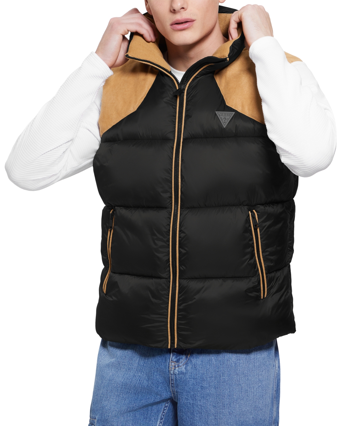 Guess Men's Fabric Block Puffer Vest In Jet Black