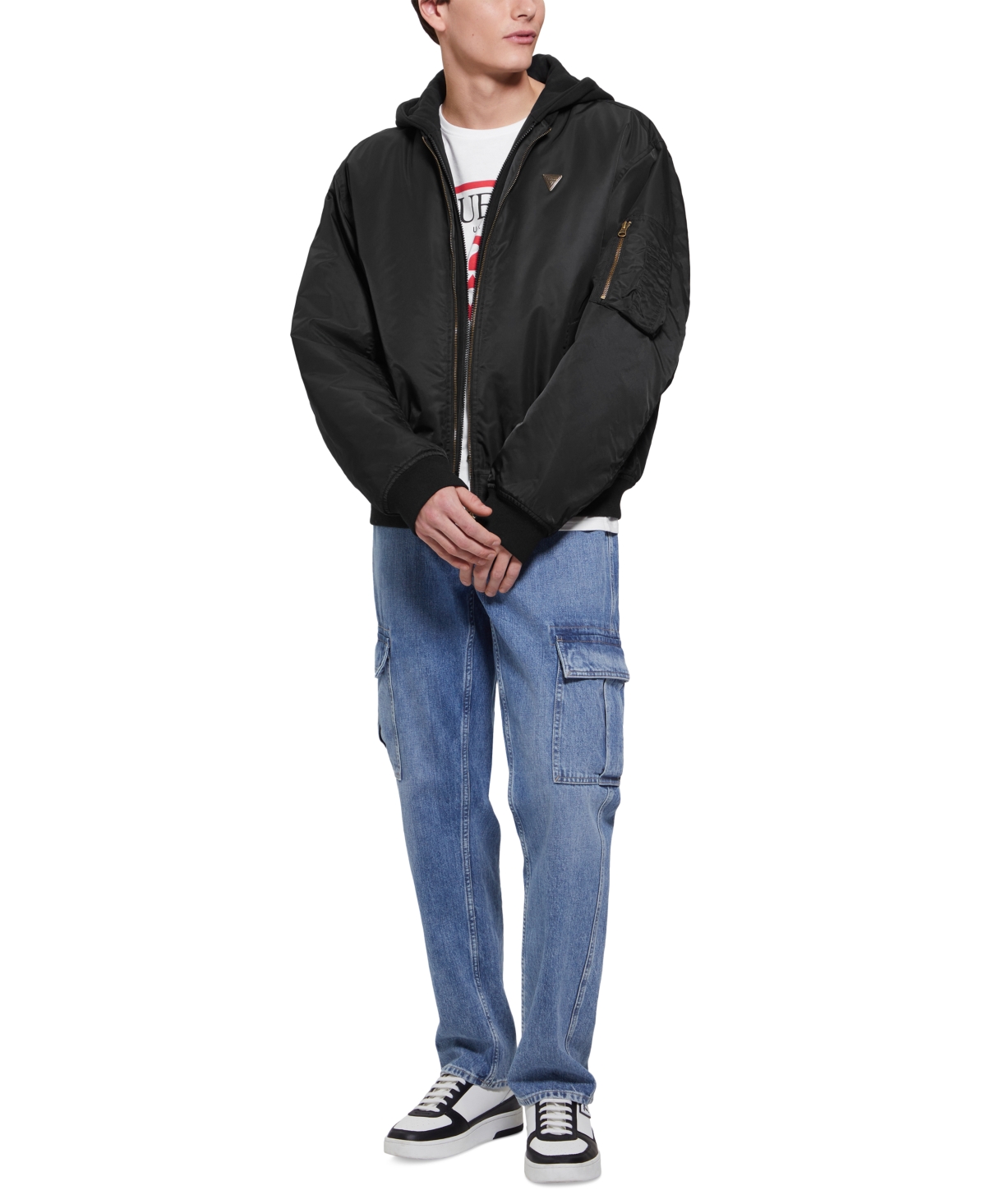 Guess Men s John Bomber Jacket with Removable Hooded Inset Jet Black Smart Closet