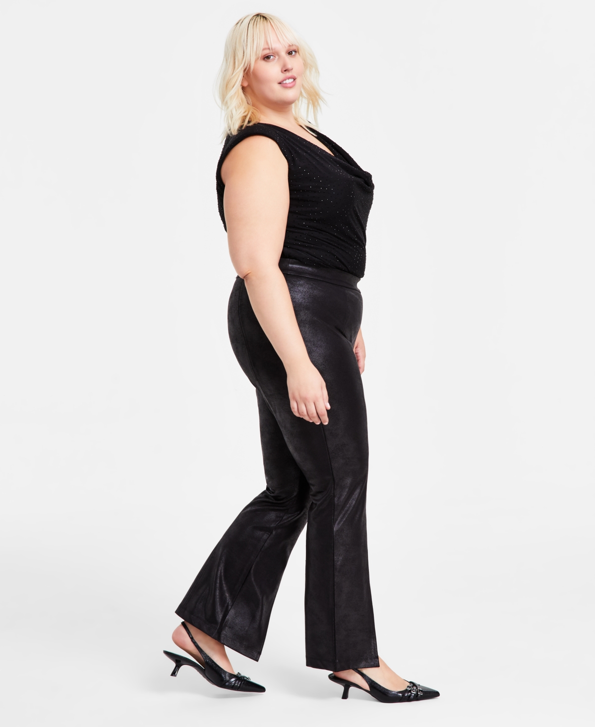 Bar Iii Trendy Plus Size Coated Split-Front Flared-Leg Pants, Created for Macy's