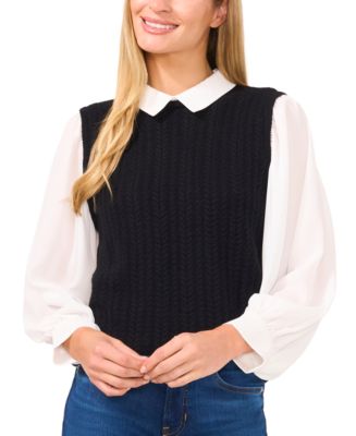 CeCe Women's Sweater-Vest Blouson-Sleeve Collared Blouse