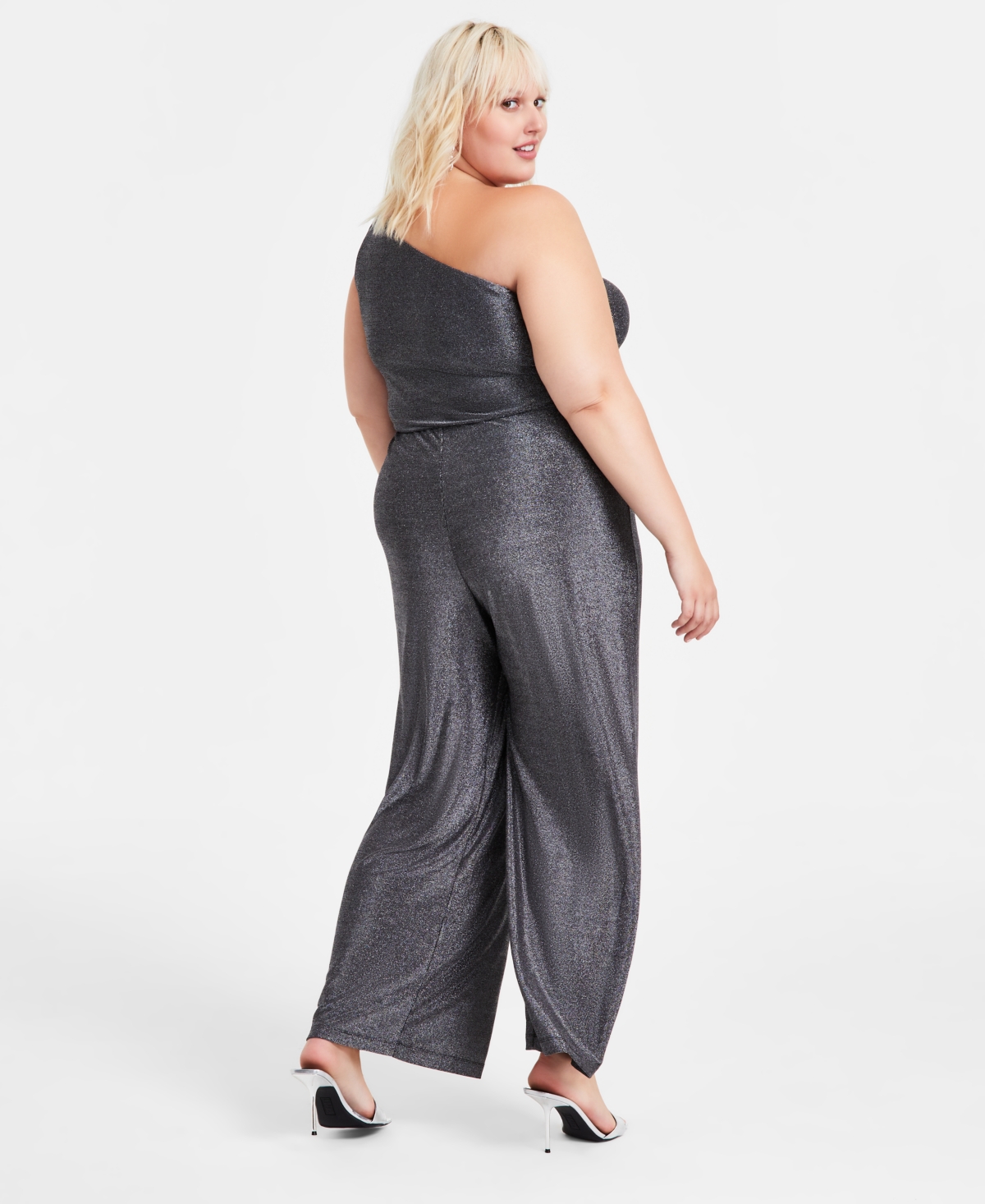 Bar Iii Trendy Plus Size Metallic Jersey One-Shoulder Jumpsuit, Created for Macy's