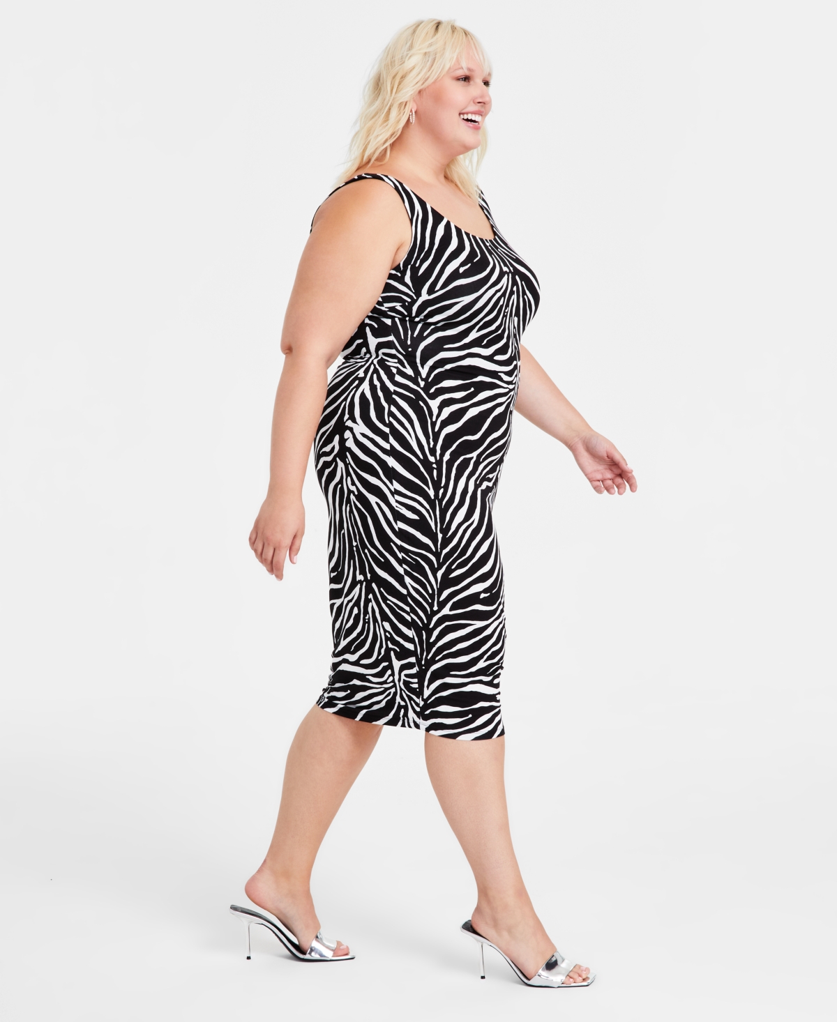Bar Iii Trendy Plus Size Zebra-print Bodycon Midi Dress, Created For Macy's In Zebra