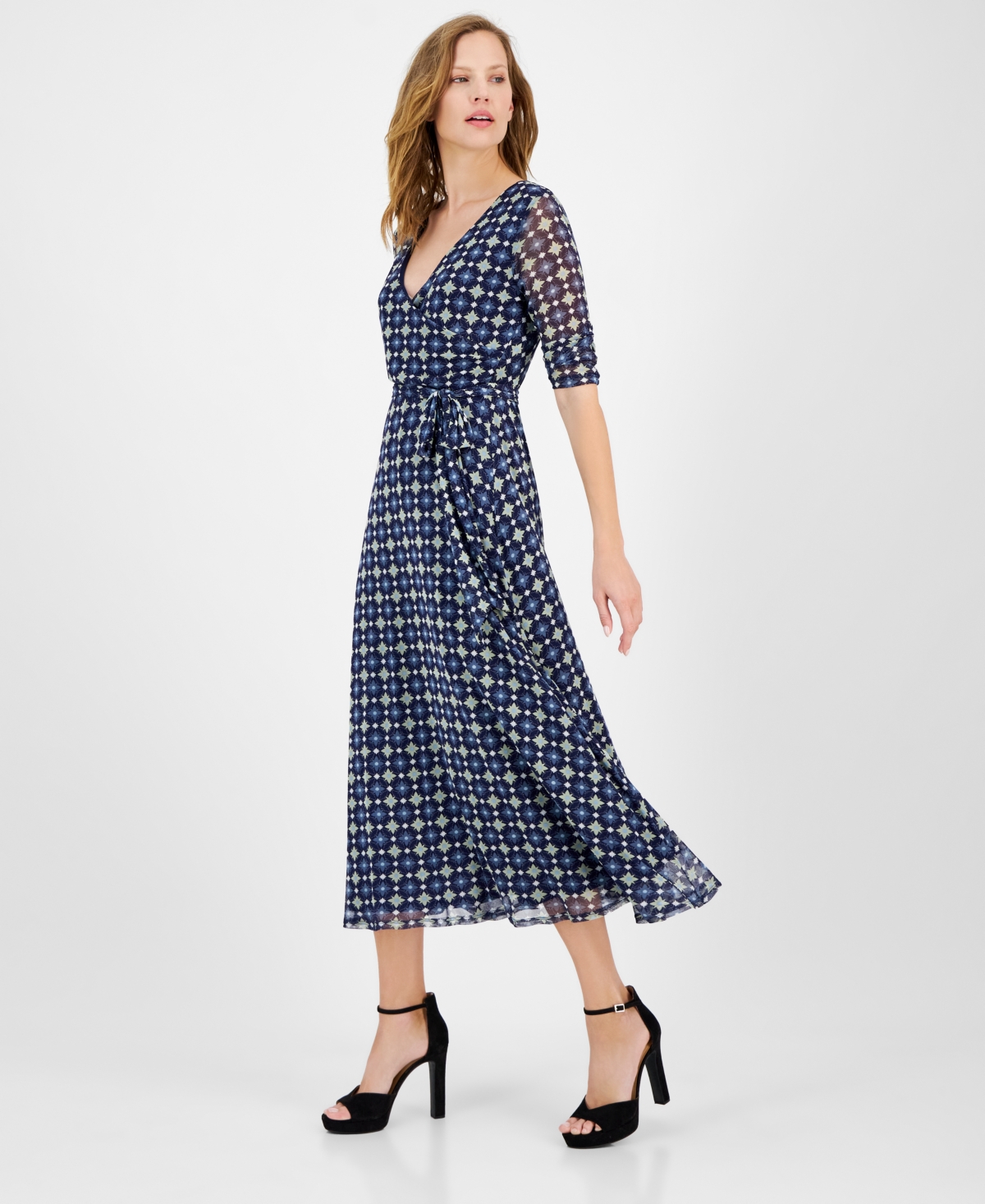 Jamie & Layla Petite 3/4-Sleeve Printed Faux-Wrap Midi Dress