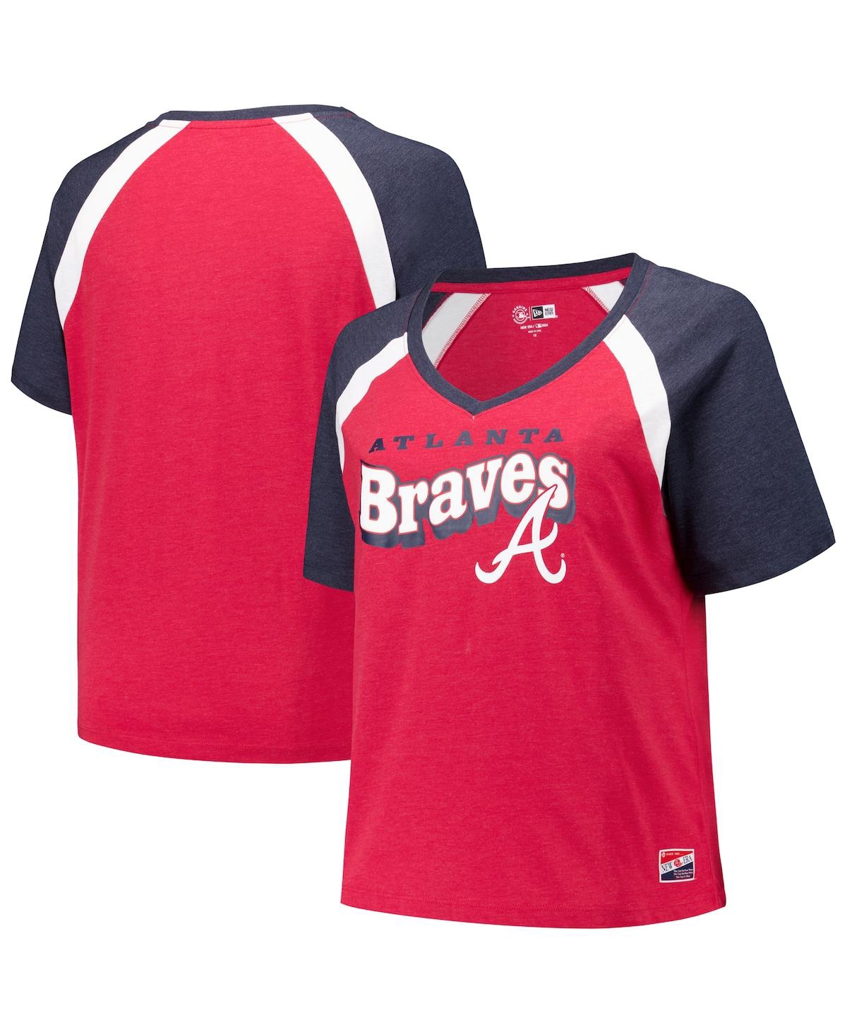 NEW ERA WOMEN'S RED ATLANTA BRAVES PLUS SIZE RAGLAN V-NECK T-SHIRT 