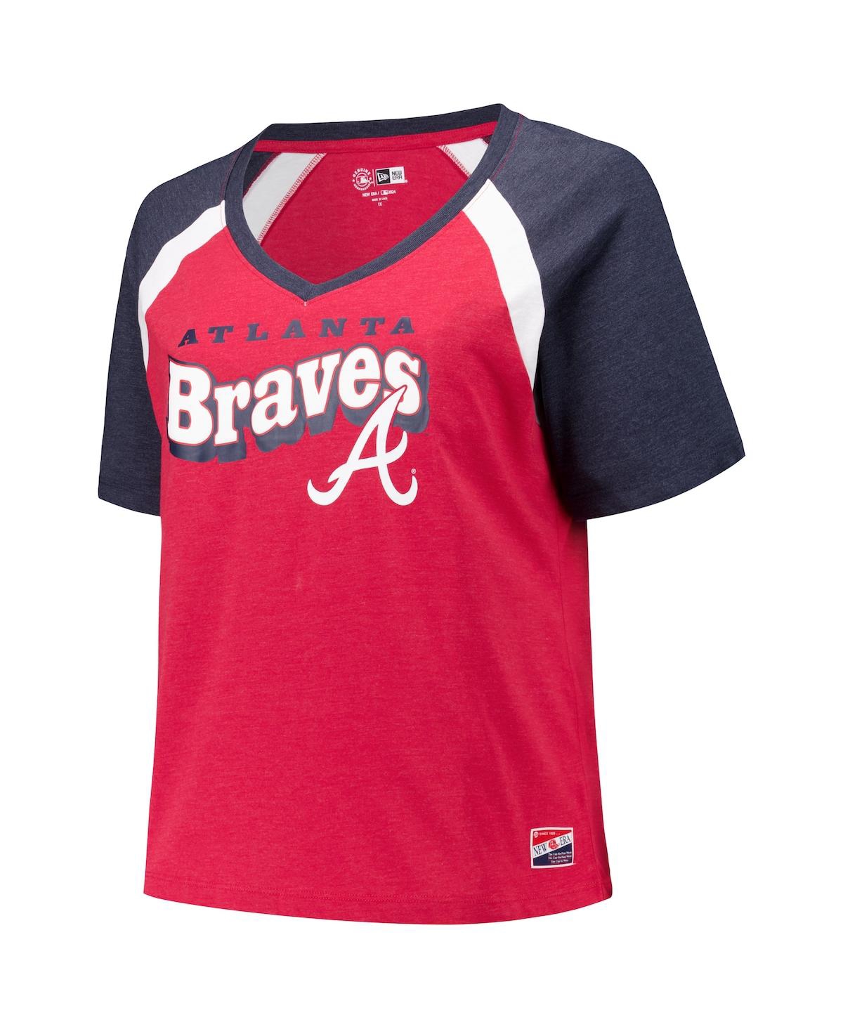 NEW ERA WOMEN'S RED ATLANTA BRAVES PLUS SIZE RAGLAN V-NECK T-SHIRT 