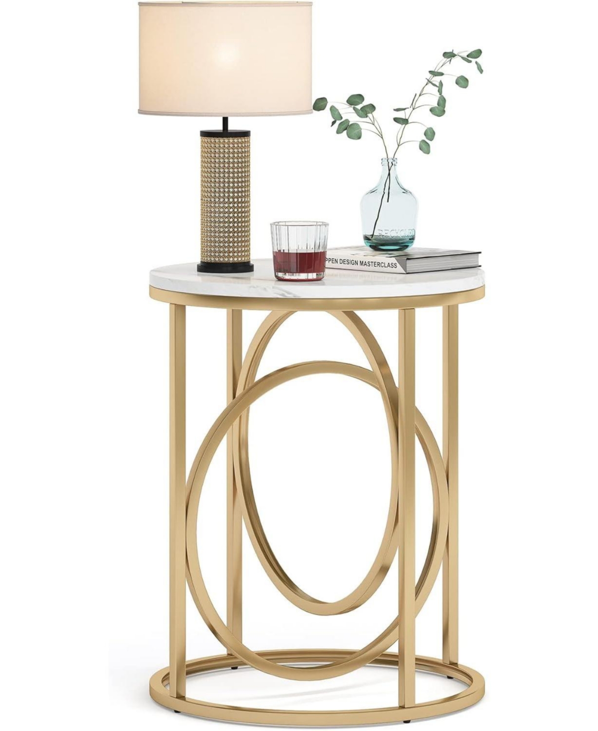 Tribesigns Modern Round End Table with Faux Marble White Top, 20”Sofa Side Table Coffee Table Cocktail Table with Unique Gold O-Shaped Base, Mi