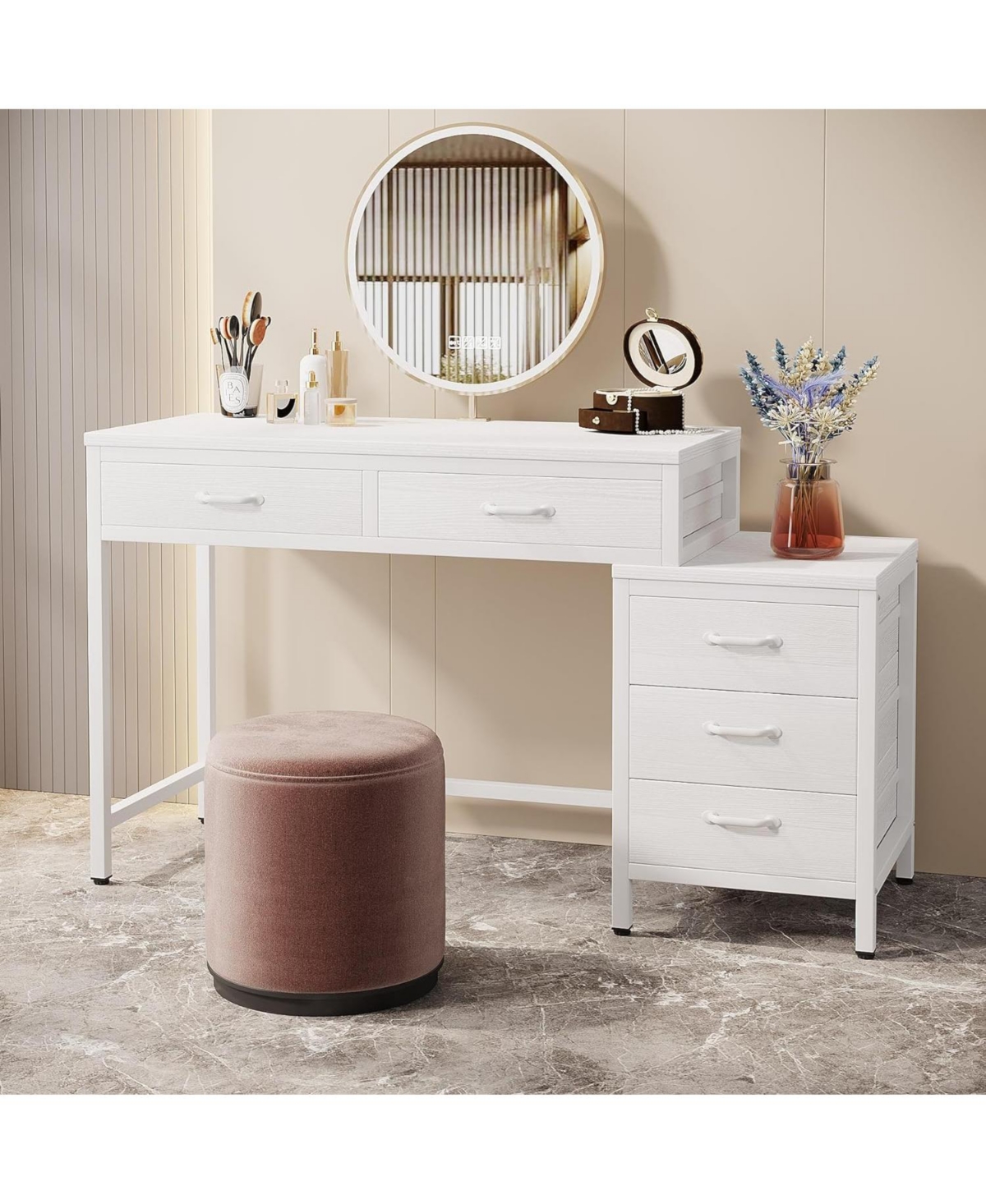 Tribesigns Vanity Desk with 5 Drawers, Makeup Vanity Table Dressing Table with Side 3-Drawer Chest, Make Up Vanities for Women, Girls (Without Mirror)