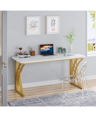 55   Large Modern Computer Desk, White & Gold Luxury Laptop PC Student Table, Makeup Vanity Table, Sturdy Writing Workstation