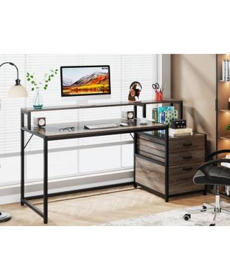 63 Inch Computer Desk with File Drawer Cabinet, Ergonomic Office Desk with Monitor Stand, Workstation Desk