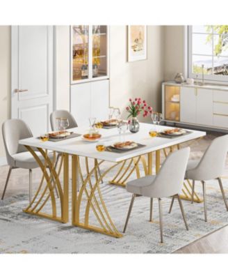 55   Large Modern Computer Desk, White & Gold Luxury Laptop PC Student Table, Makeup Vanity Table, Sturdy Writing Workstation