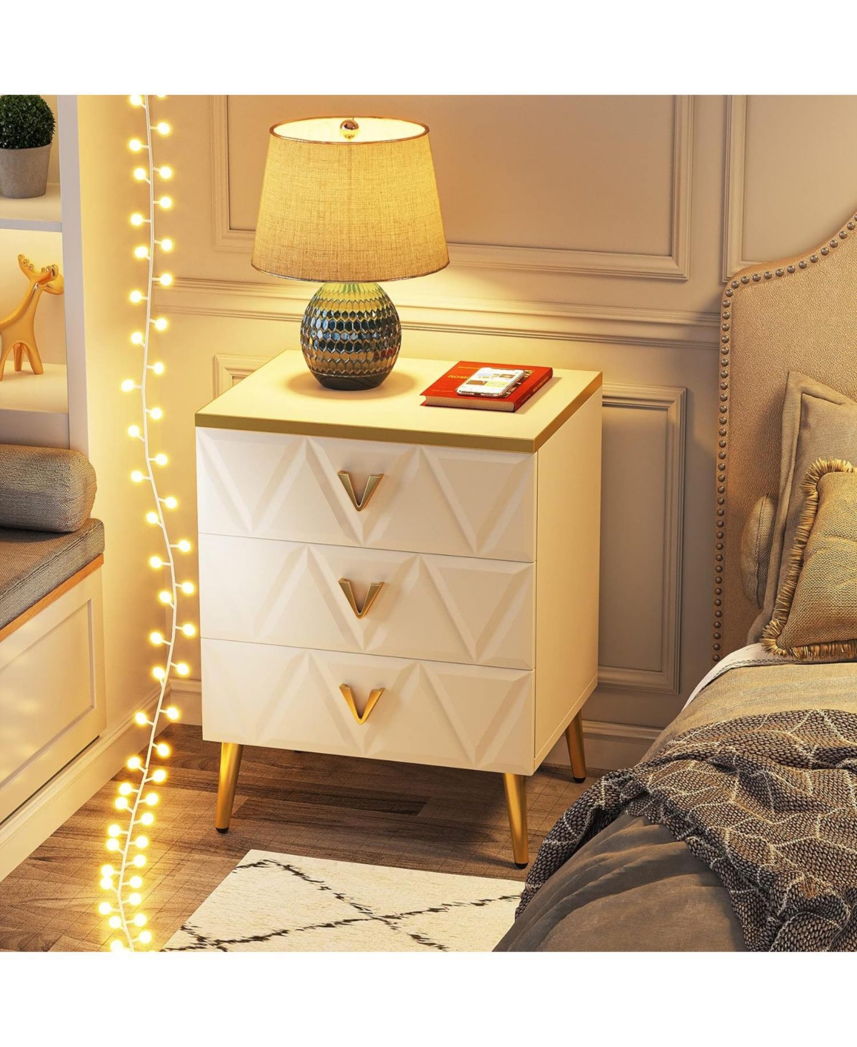 Tribesigns 3-Drawer Nightstand Set of 2, Luxury Bedside Table End Table with Storage Drawers and Golden Legs, Modern Nightstand for Bedroom - White an