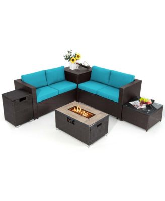 6PCS Patio Rattan Furniture Set 32'' Fire Pit Table Tank Holder with Cover