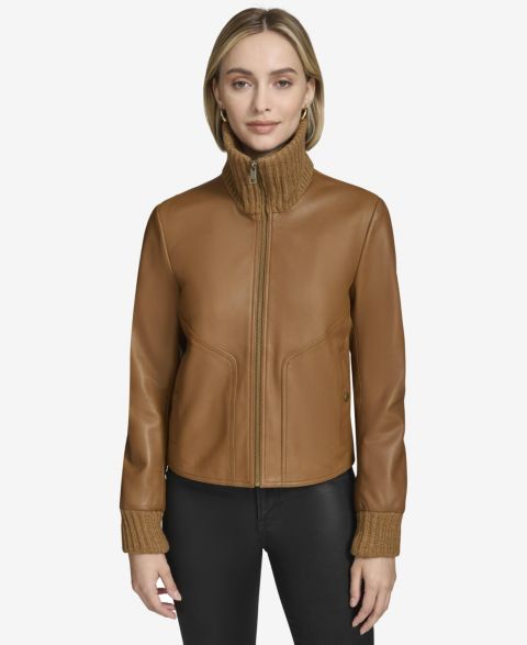 Женские куртки Andrew Marc Black Label Beatrix Rib-Knit Trimmed Leather Jacket