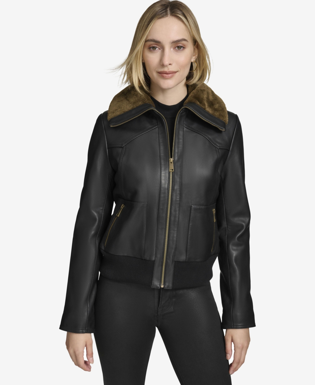 Women's Evie Aviator-Style Leather Jacket - Black