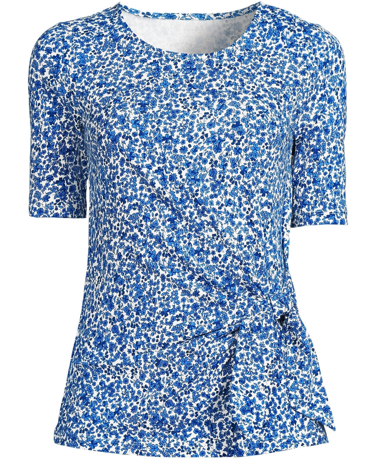 Lands' End Petite Lightweight Jersey Tie Front Top -vista blue flowers